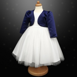 Girls White Diamante Organza Dress with Navy Bolero Jacket